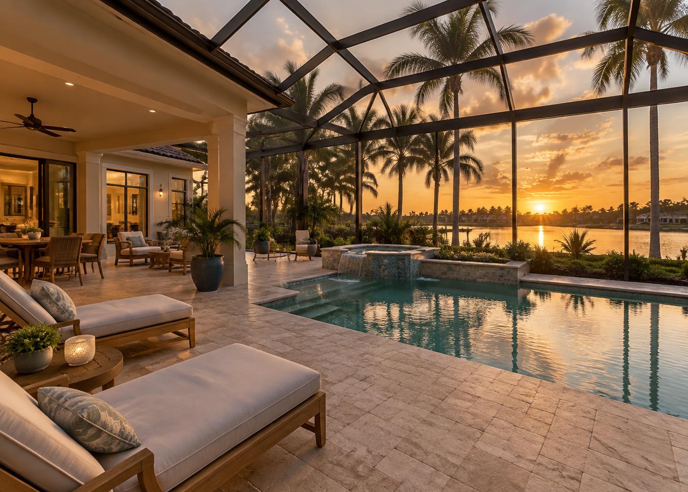 Luxury screened lanai and pool at sunset in Southwest Florida